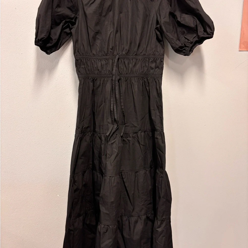 GREYLIN Gloria Poplin Tiered Dress BlackTie waist Midi Puff Sleeve Shirred Waist - Picture 5 of 8